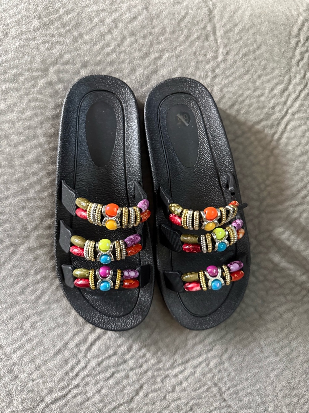 Black Slide Sandals with Multicolor Bead Accents
